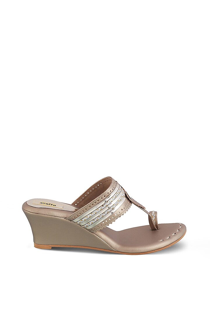 Champagne Faux Leather Kolhapuri Wedges by Stoffa Bride