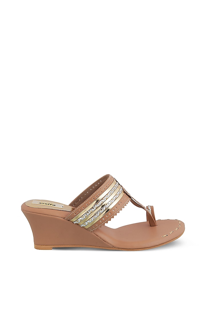 Camel Faux Leather Kolhapuri Wedges by Stoffa Bride