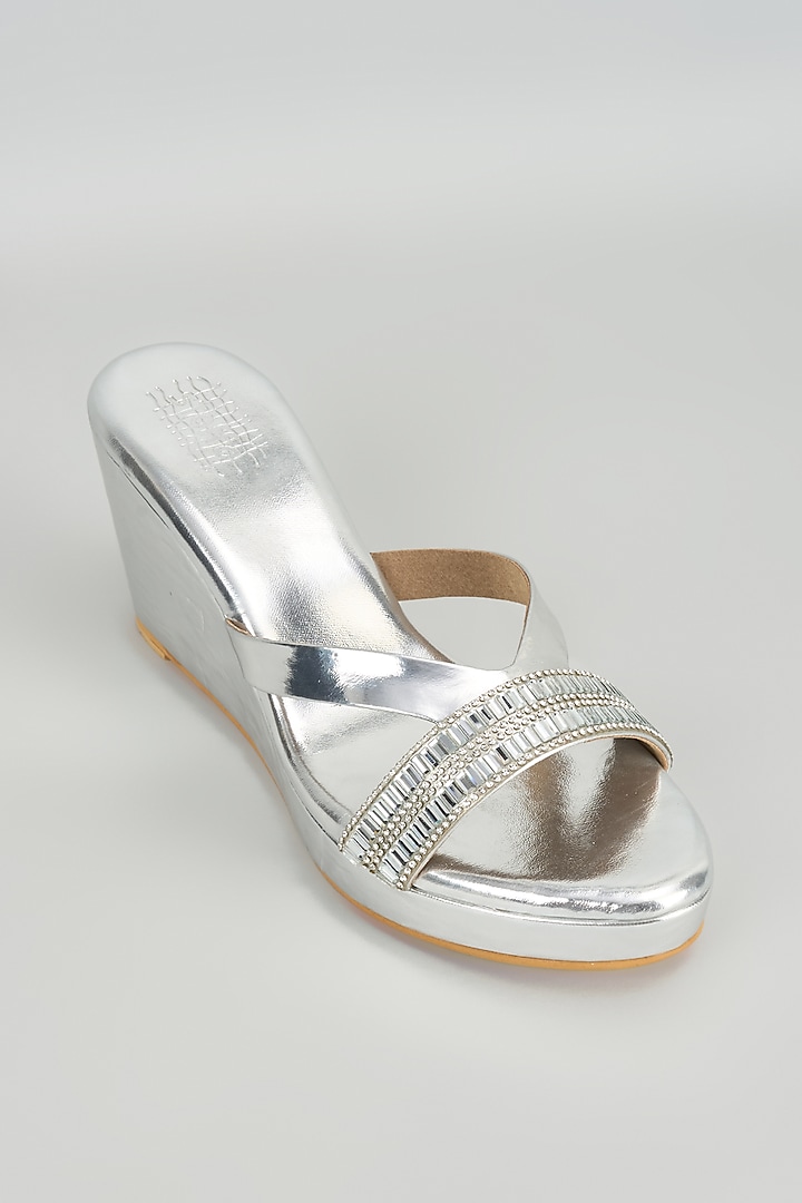 Silver Faux leather Crystal Embellished Wedges by Stoffa Bride at Pernia's Pop Up Shop