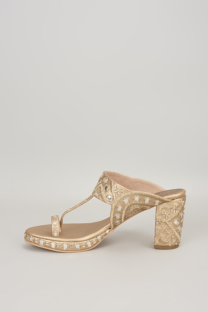 Champagne Faux Leather Handcrafted Block Heels by stoffa bride at Pernia's Pop Up Shop
