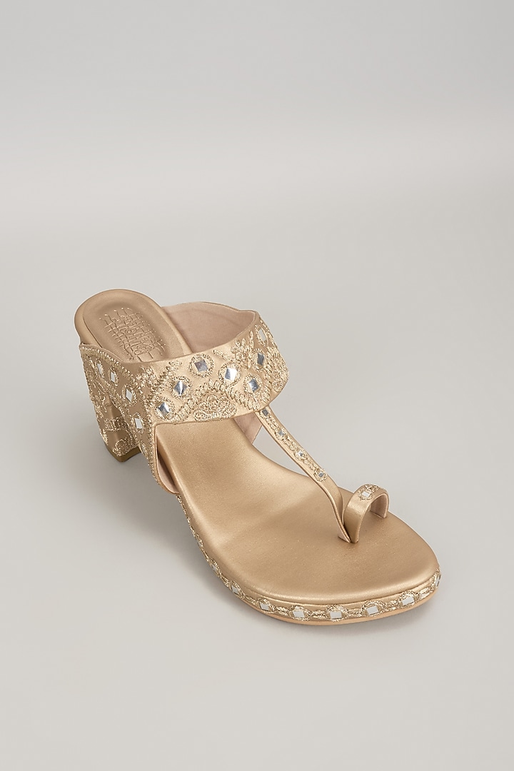 Champagne Faux Leather Handcrafted Block Heels by stoffa bride at Pernia's Pop Up Shop