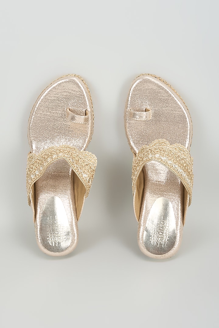 Gold Faux Leather Embroidered Wedges by Stoffa Bride at Pernia's Pop Up Shop