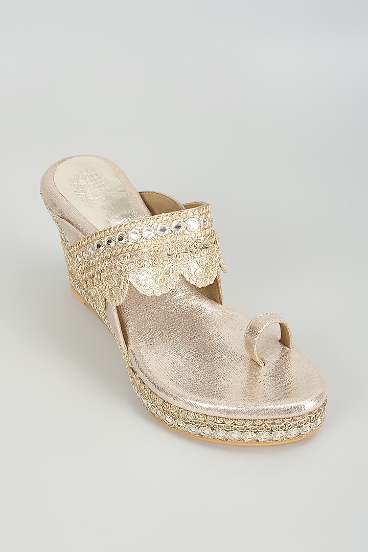 Gold Faux Leather Embroidered Wedges by Stoffa Bride at Pernia's Pop Up Shop