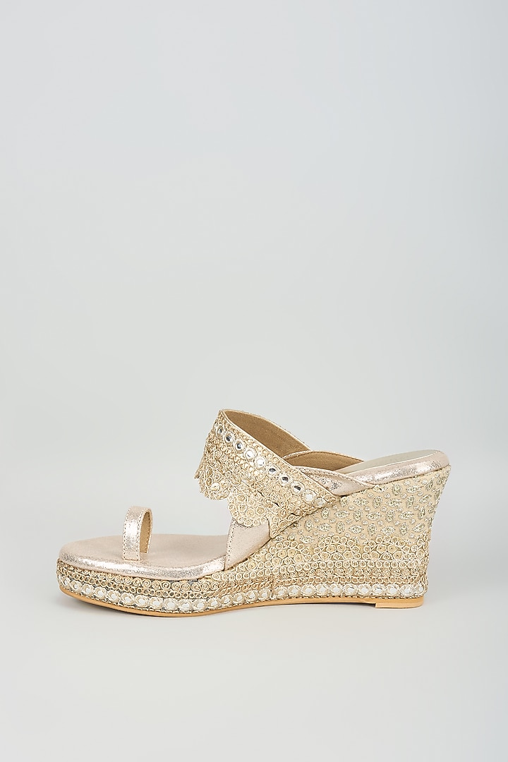 Gold Faux Leather Embroidered Wedges by Stoffa Bride at Pernia's Pop Up Shop