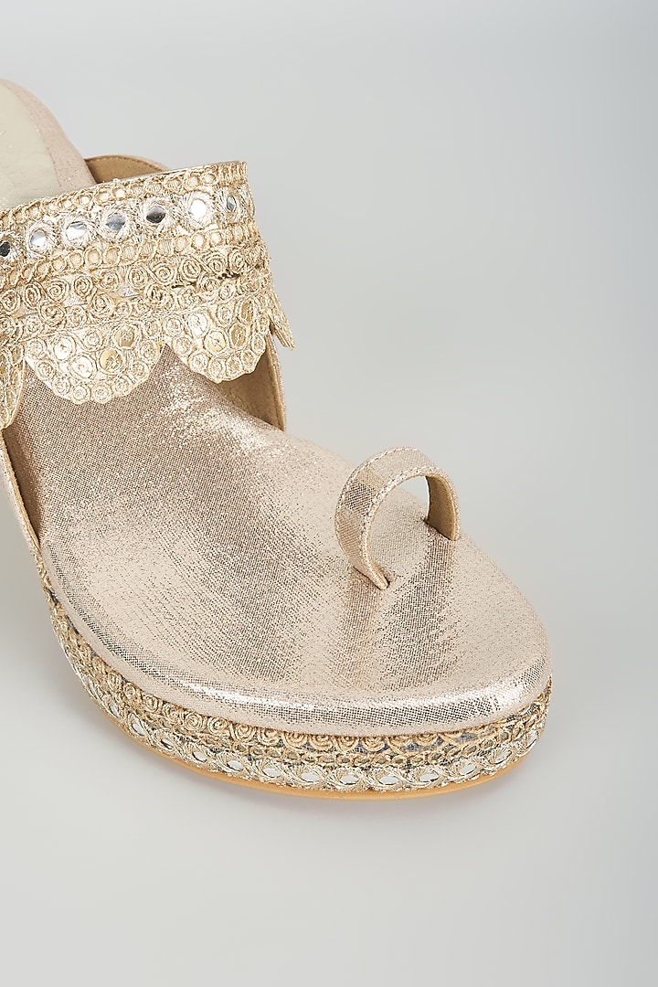 Gold Faux Leather Embroidered Wedges by Stoffa Bride at Pernia's Pop Up Shop