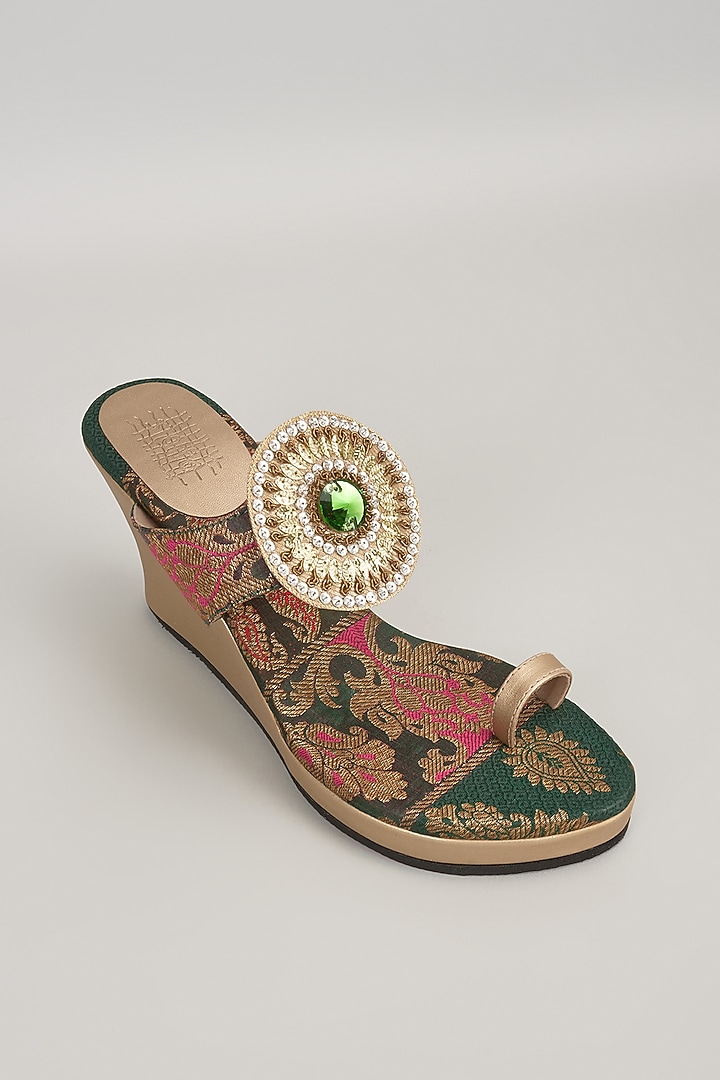Green Faux Leather Handcrafted Wedges by stoffa bride at Pernia's Pop Up Shop