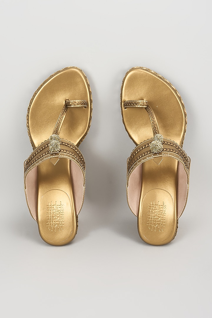 Antique Gold Faux Leather Embroidered Wedges by stoffa bride at Pernia's Pop Up Shop