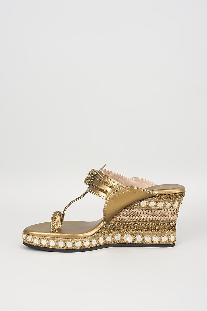 Antique Gold Faux Leather Embroidered Wedges by stoffa bride at Pernia's Pop Up Shop