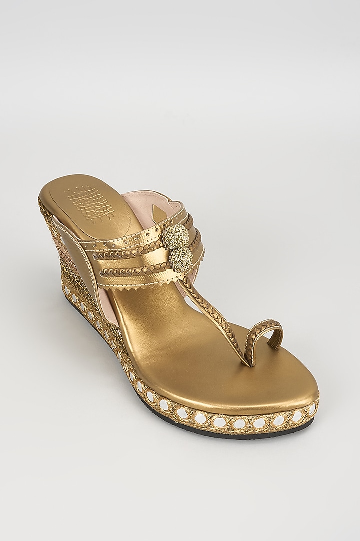 Antique Gold Faux Leather Embroidered Wedges by stoffa bride at Pernia's Pop Up Shop