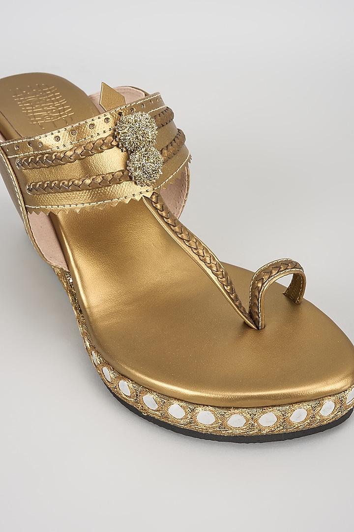 Antique Gold Faux Leather Embroidered Wedges by stoffa bride at Pernia's Pop Up Shop