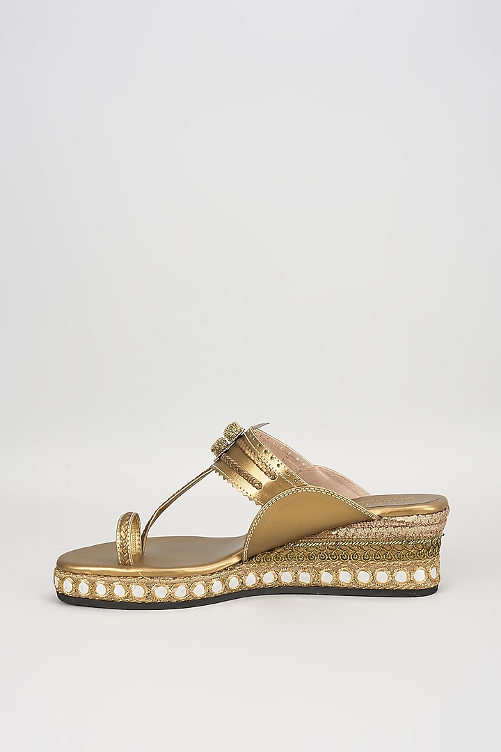 Antique Gold Faux Leather Embroidered Wedges by stoffa bride at Pernia's Pop Up Shop