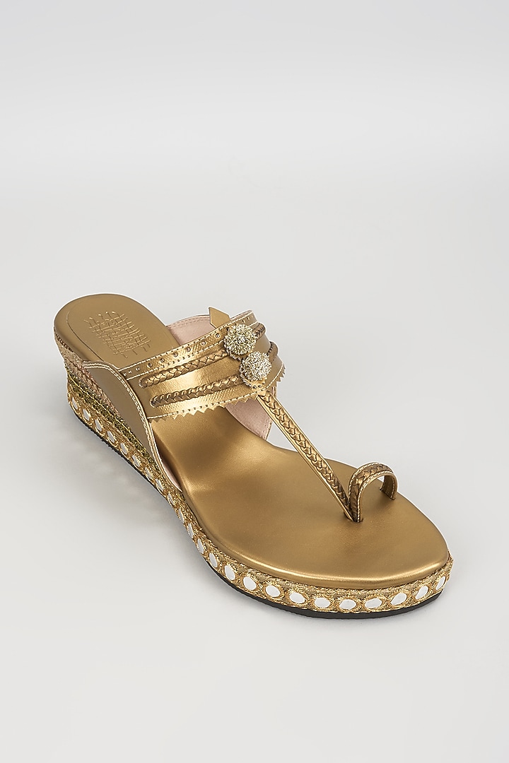 Antique Gold Faux Leather Embroidered Wedges by stoffa bride at Pernia's Pop Up Shop
