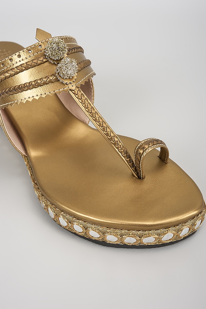 Antique Gold Faux Leather Embroidered Wedges by stoffa bride at Pernia's Pop Up Shop