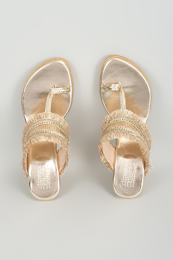 Gold Faux Leather Gota Embroidered Wedges by Stoffa Bride at Pernia's Pop Up Shop