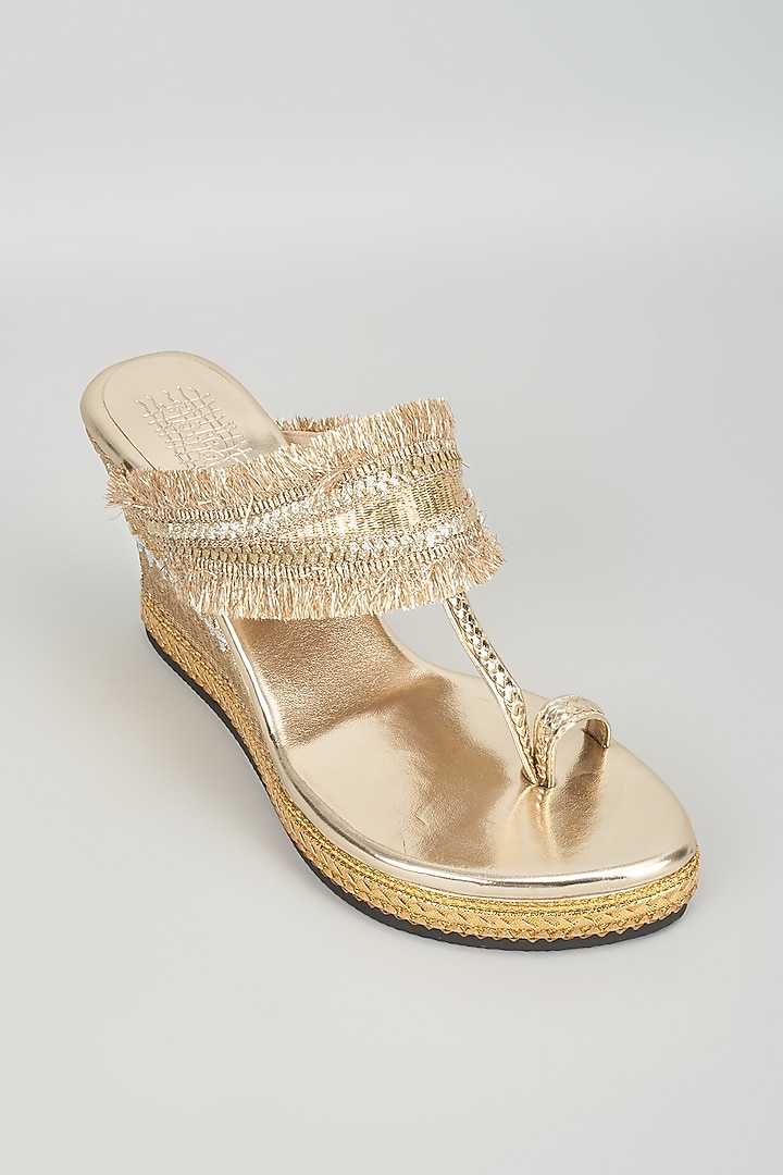 Gold Faux Leather Gota Embroidered Wedges by Stoffa Bride at Pernia's Pop Up Shop