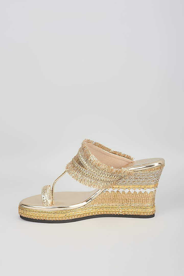 Gold Faux Leather Gota Embroidered Wedges by Stoffa Bride at Pernia's Pop Up Shop