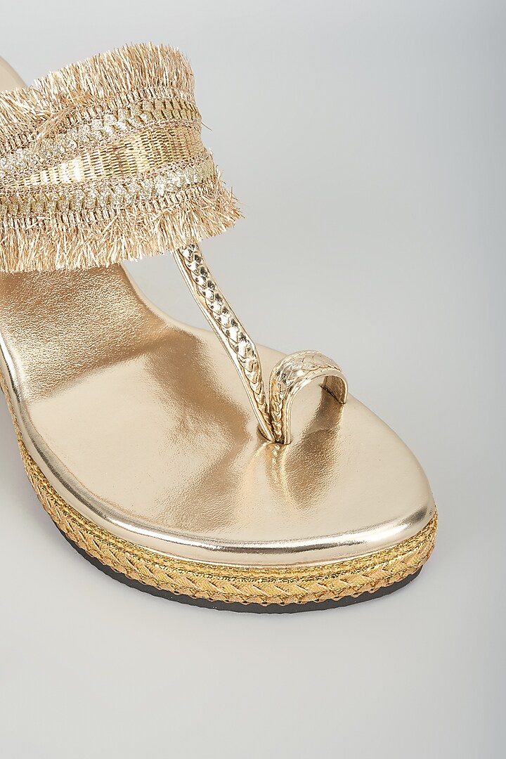 Gold Faux Leather Gota Embroidered Wedges by Stoffa Bride at Pernia's Pop Up Shop