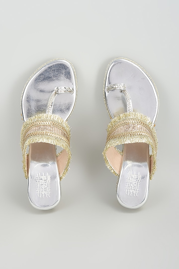 Silver Faux Leather Gota Embroidered Wedges by Stoffa Bride at Pernia's Pop Up Shop