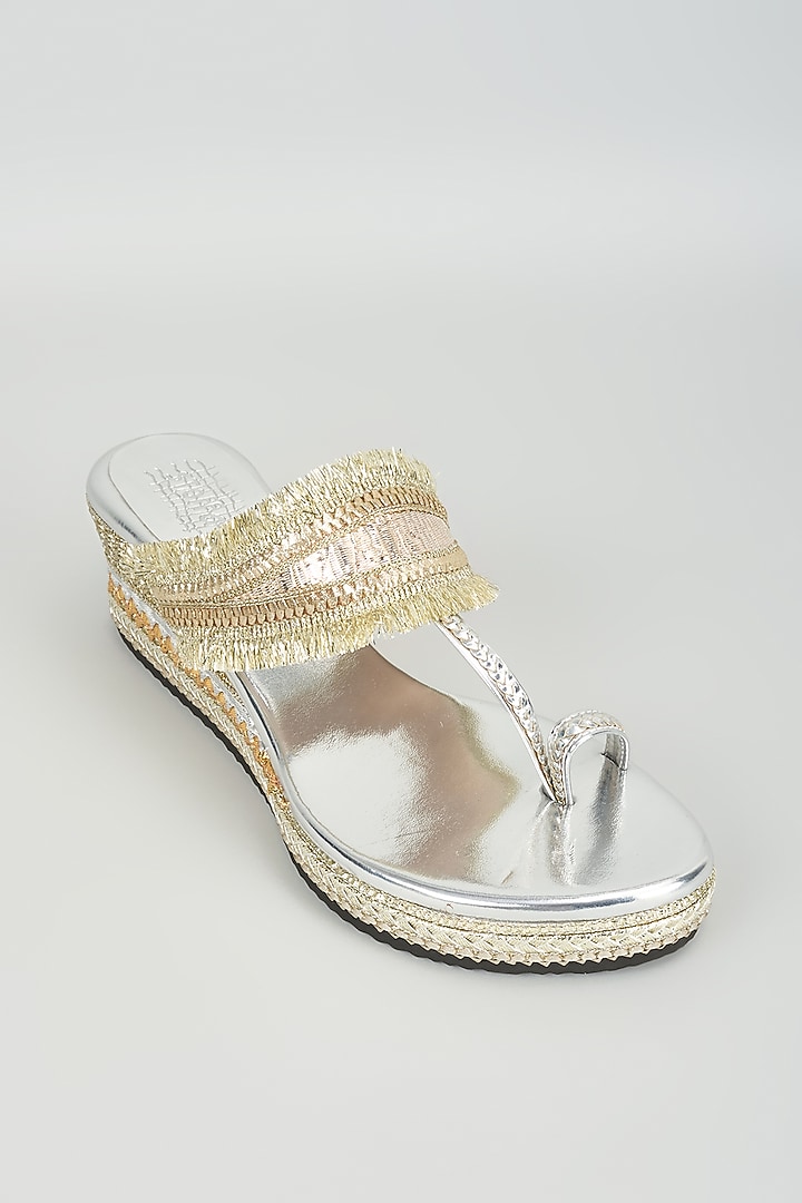 Silver Faux Leather Gota Embroidered Wedges by Stoffa Bride at Pernia's Pop Up Shop