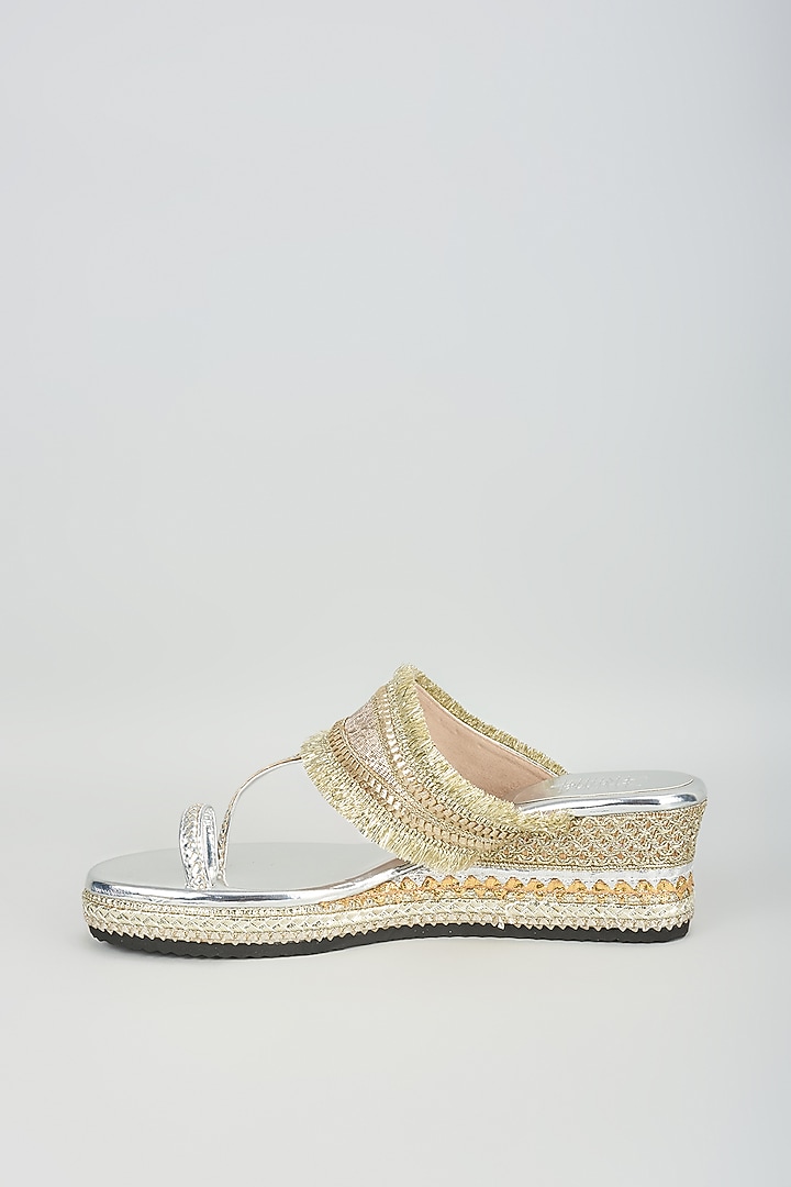 Silver Faux Leather Gota Embroidered Wedges by Stoffa Bride at Pernia's Pop Up Shop