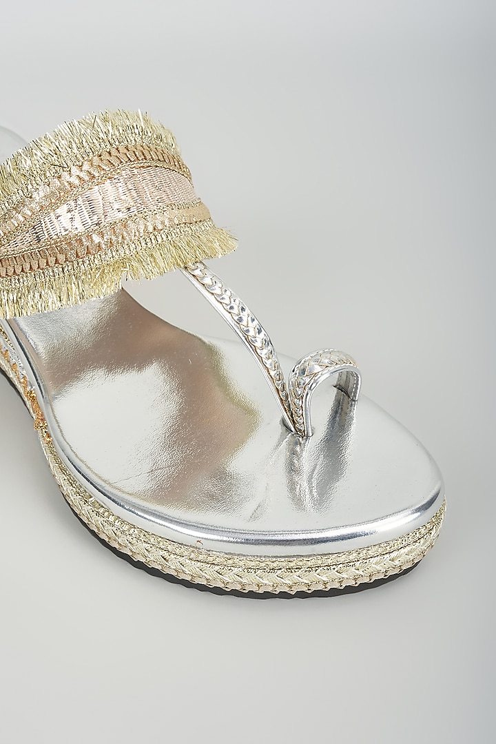 Silver Faux Leather Gota Embroidered Wedges by Stoffa Bride at Pernia's Pop Up Shop