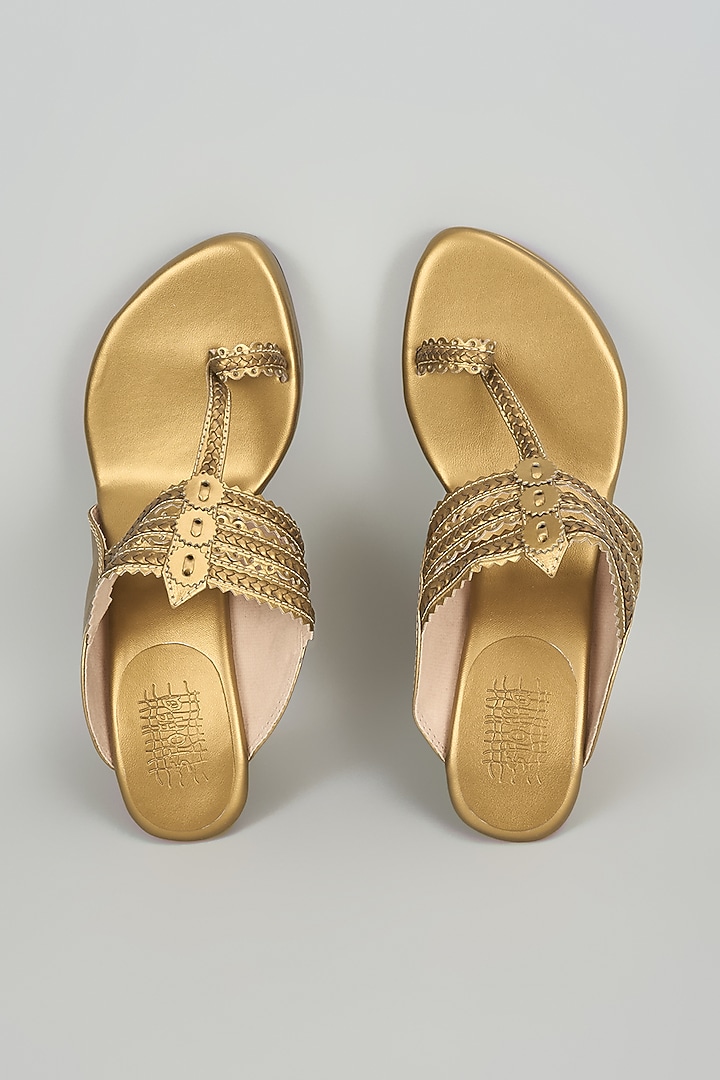 Antique Gold Faux Leather Kolhapuri Wedges by Stoffa Bride at Pernia's Pop Up Shop