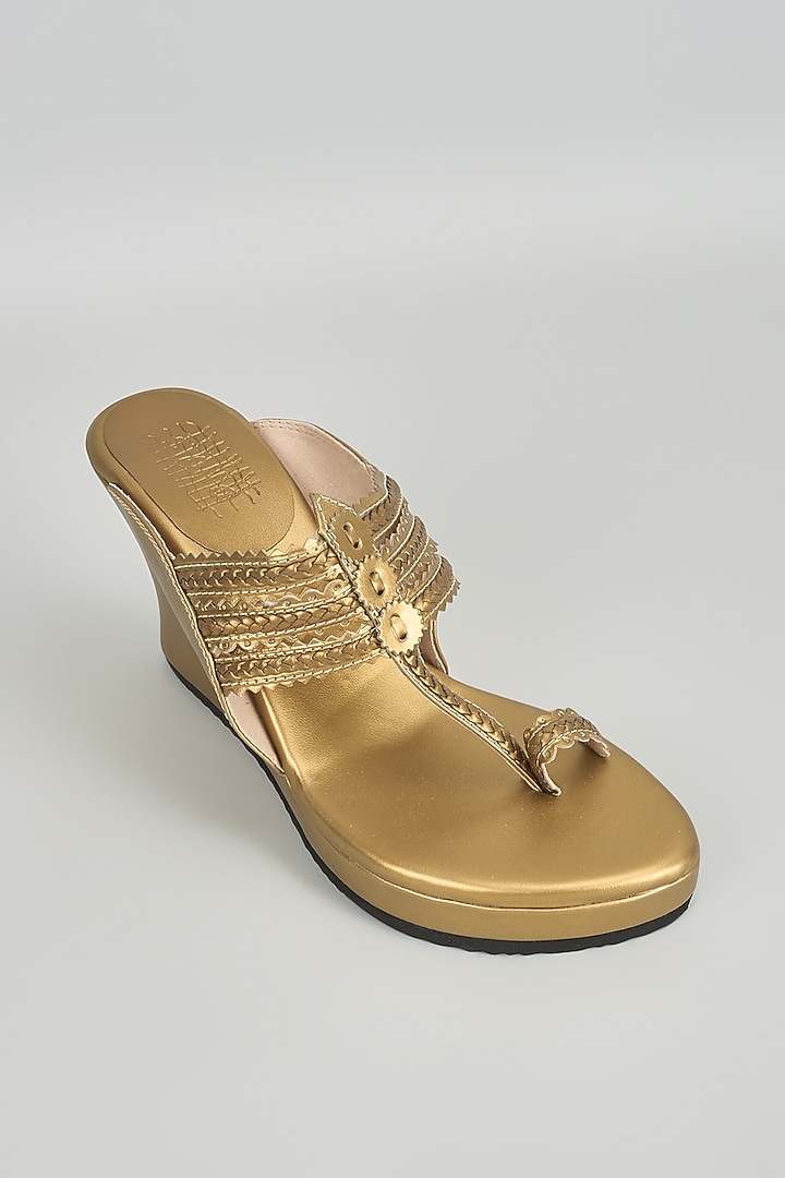 Antique Gold Faux Leather Kolhapuri Wedges by Stoffa Bride at Pernia's Pop Up Shop
