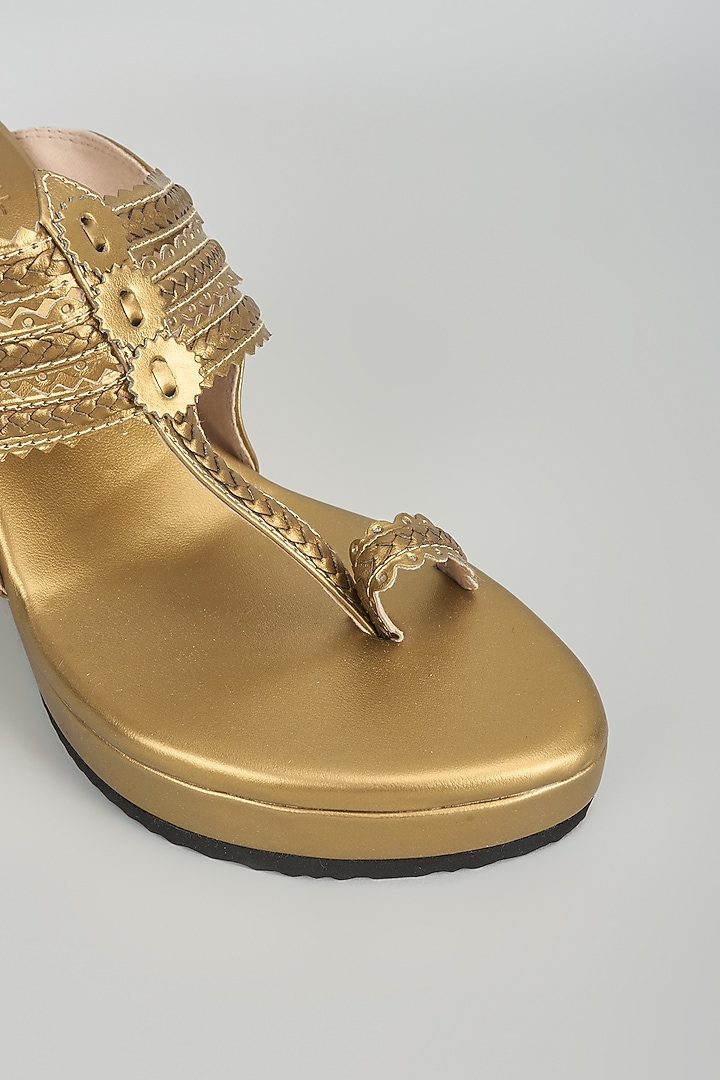 Antique Gold Faux Leather Kolhapuri Wedges by Stoffa Bride at Pernia's Pop Up Shop