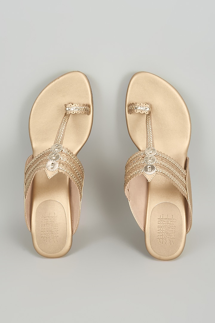 Champagne Faux Leather Kolhpuri Wedges by Stoffa Bride at Pernia's Pop Up Shop