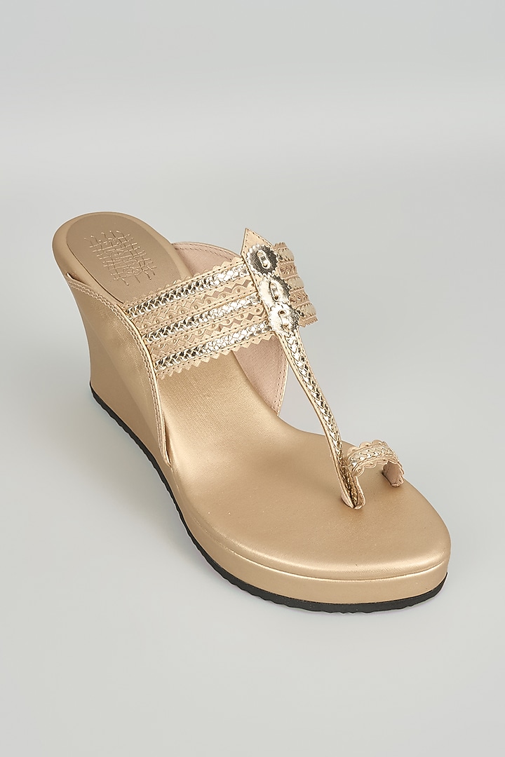 Champagne Faux Leather Kolhpuri Wedges by Stoffa Bride at Pernia's Pop Up Shop