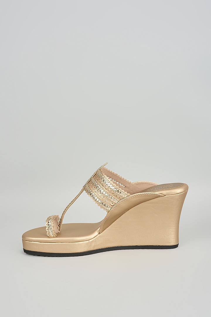 Champagne Faux Leather Kolhpuri Wedges by Stoffa Bride at Pernia's Pop Up Shop