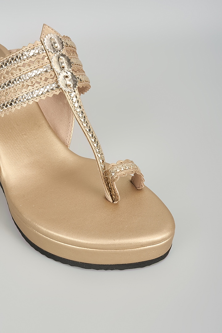Champagne Faux Leather Kolhpuri Wedges by Stoffa Bride at Pernia's Pop Up Shop