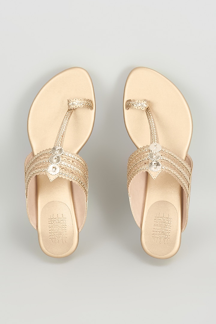 Champagne Faux Leather Kolhapuri Wedges by Stoffa Bride at Pernia's Pop Up Shop