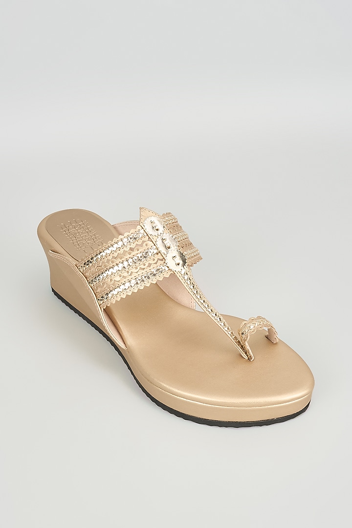 Champagne Faux Leather Kolhapuri Wedges by Stoffa Bride at Pernia's Pop Up Shop