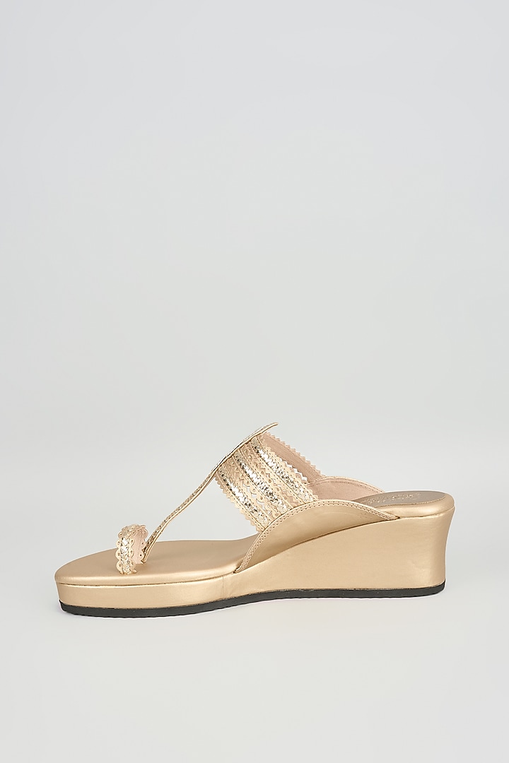 Champagne Faux Leather Kolhapuri Wedges by Stoffa Bride at Pernia's Pop Up Shop
