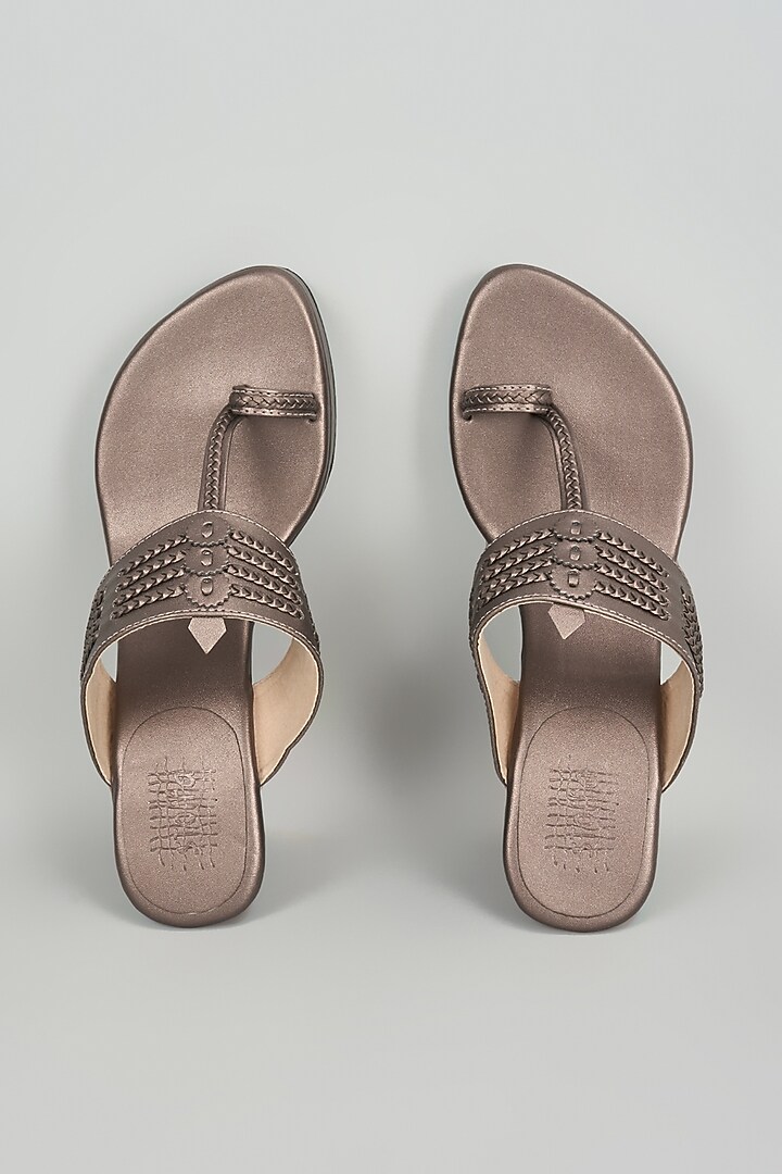 Slate Grey Faux Leather Kolhapuri Wedges by Stoffa Bride at Pernia's Pop Up Shop