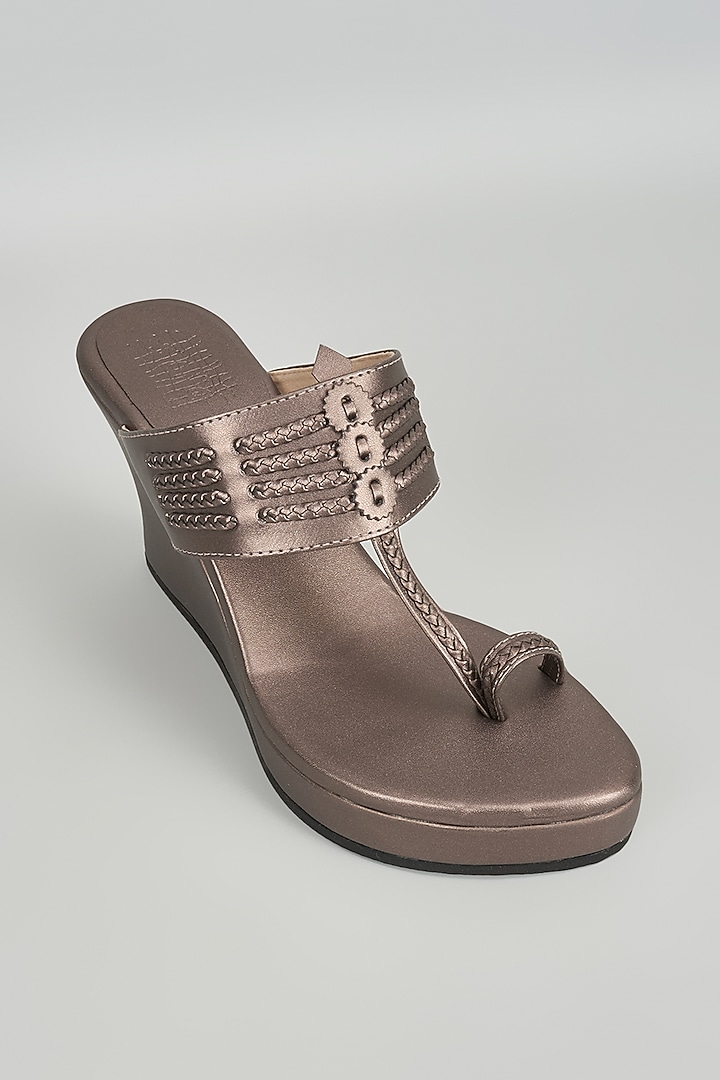 Slate Grey Faux Leather Kolhapuri Wedges by Stoffa Bride at Pernia's Pop Up Shop
