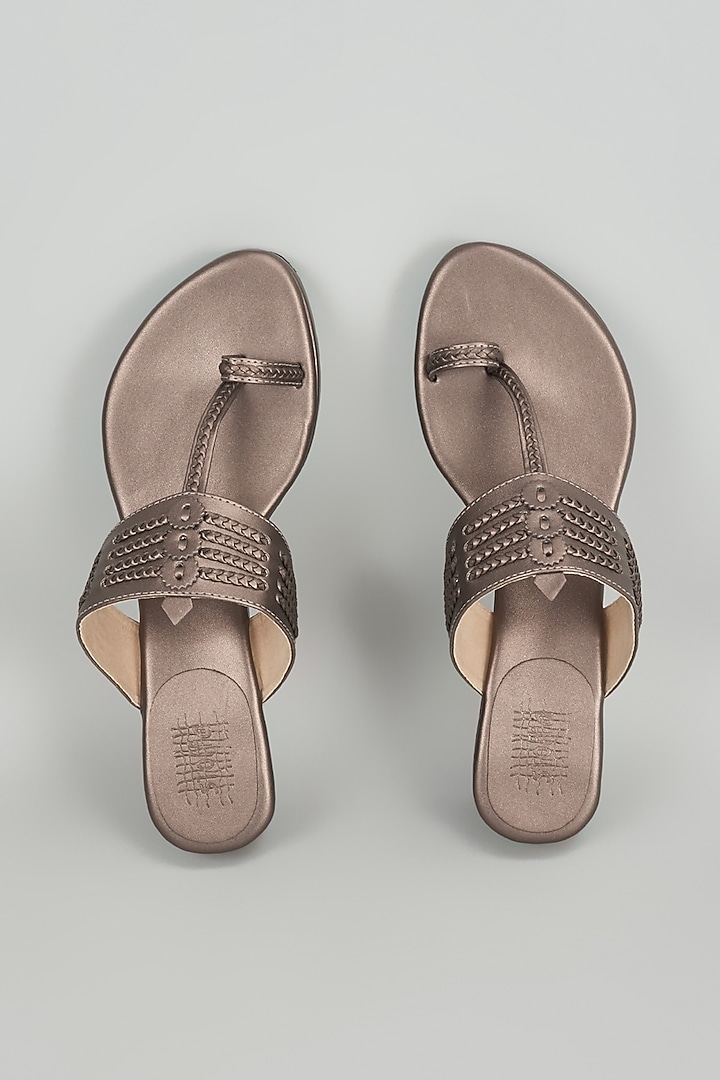 Slate Grey Faux Leather Kolhapuri Wedges by Stoffa Bride at Pernia's Pop Up Shop