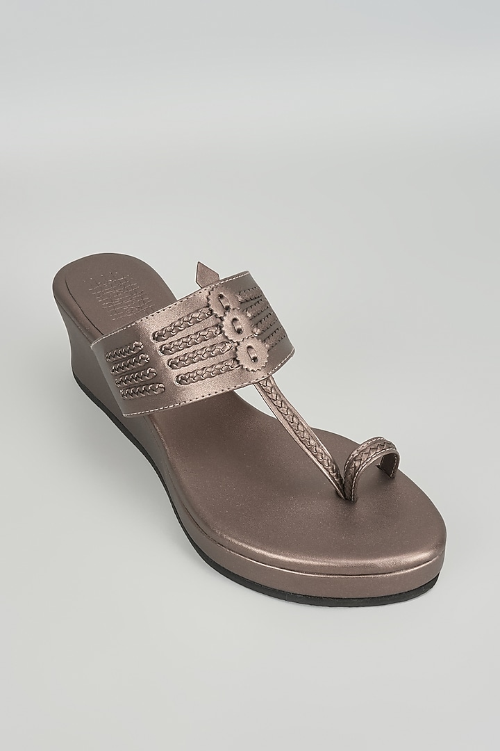 Slate Grey Faux Leather Kolhapuri Wedges by Stoffa Bride at Pernia's Pop Up Shop