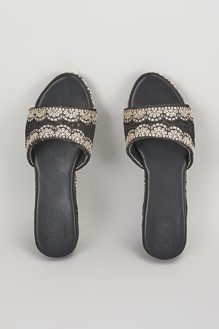 Black Faux Leather Sequins Embroidered Wedges by stoffa bride at Pernia's Pop Up Shop