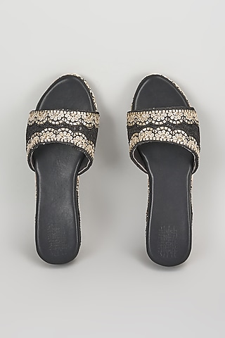 Black Faux Leather Sequins Embroidered Wedges by stoffa bride