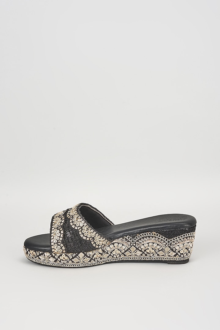 Black Faux Leather Sequins Embroidered Wedges by stoffa bride at Pernia's Pop Up Shop