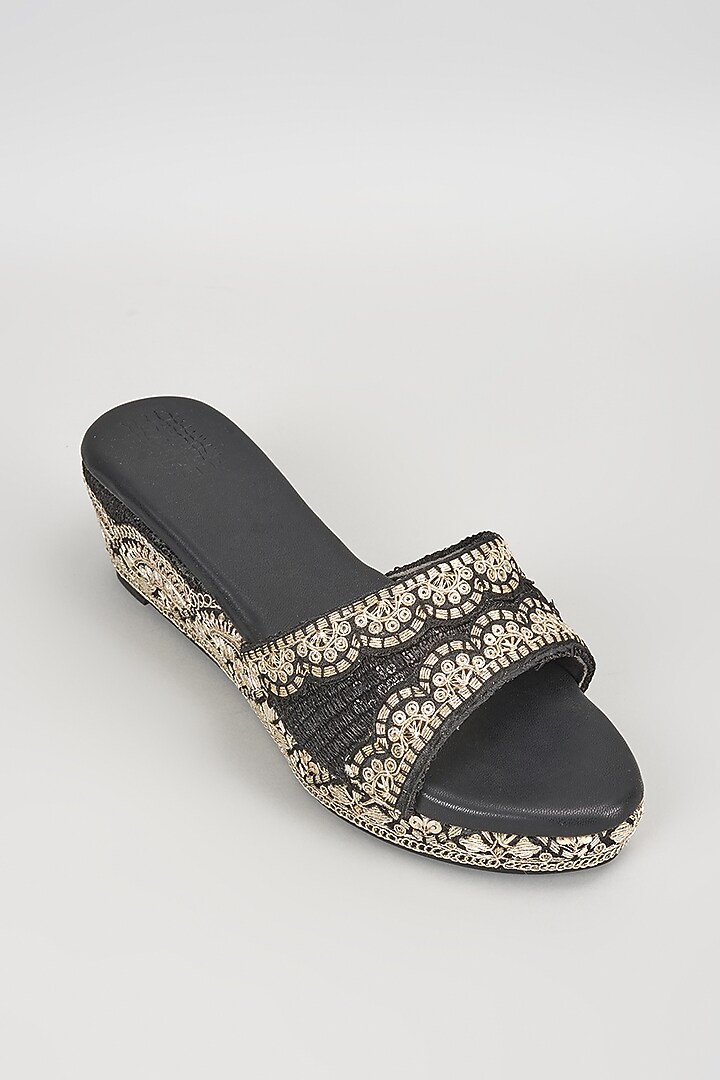 Black Faux Leather Sequins Embroidered Wedges by stoffa bride at Pernia's Pop Up Shop