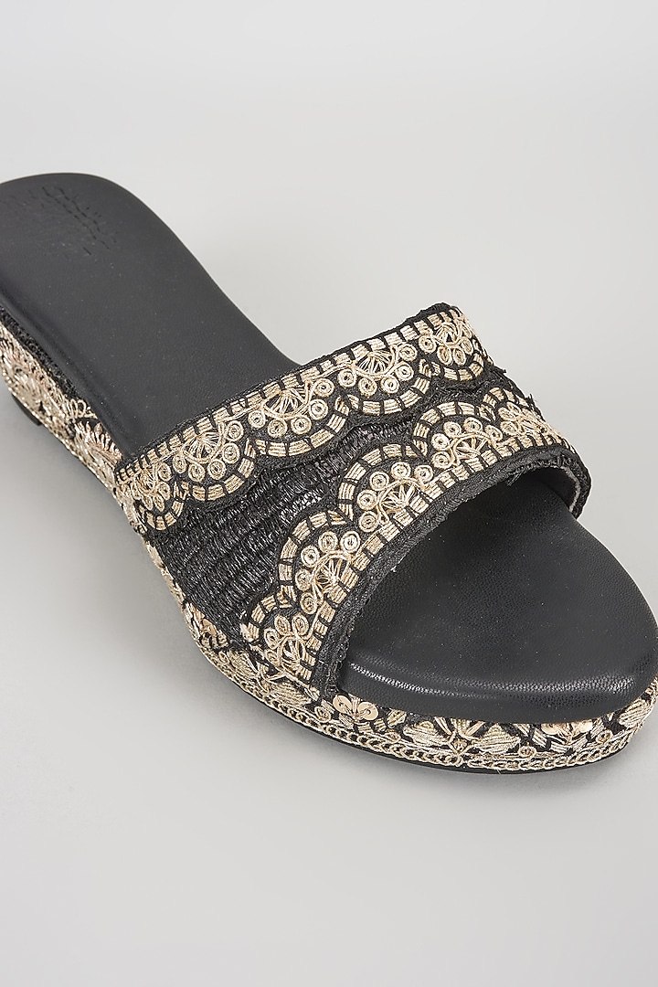Black Faux Leather Sequins Embroidered Wedges by stoffa bride at Pernia's Pop Up Shop