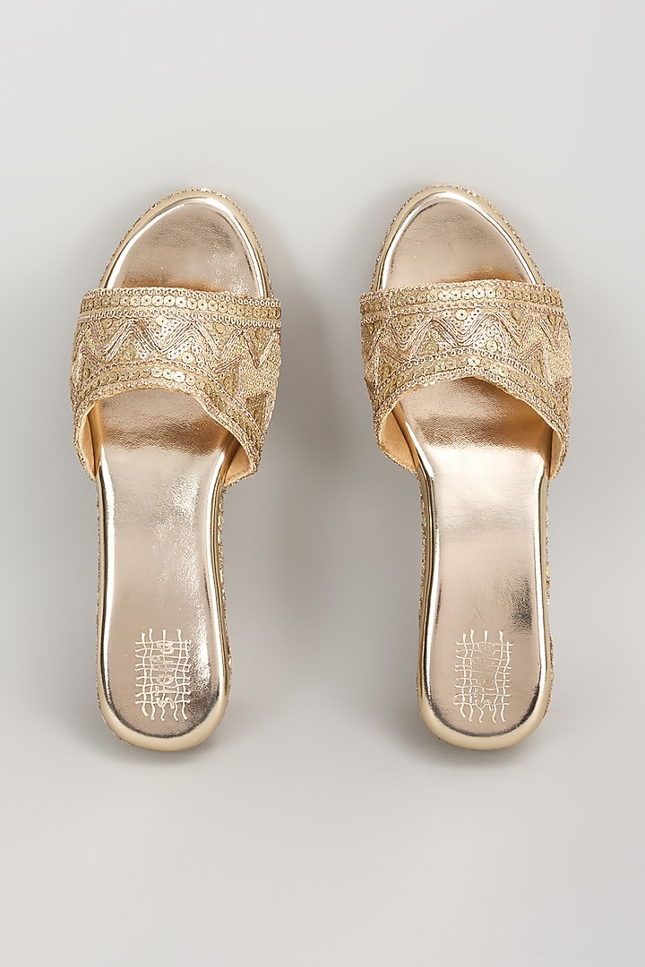 Light Gold Faux Leather Sequins Embroidered Wedges by stoffa bride at Pernia's Pop Up Shop