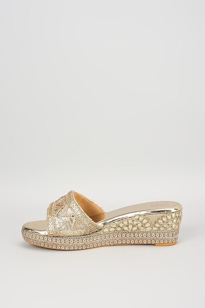 Light Gold Faux Leather Sequins Embroidered Wedges by stoffa bride at Pernia's Pop Up Shop