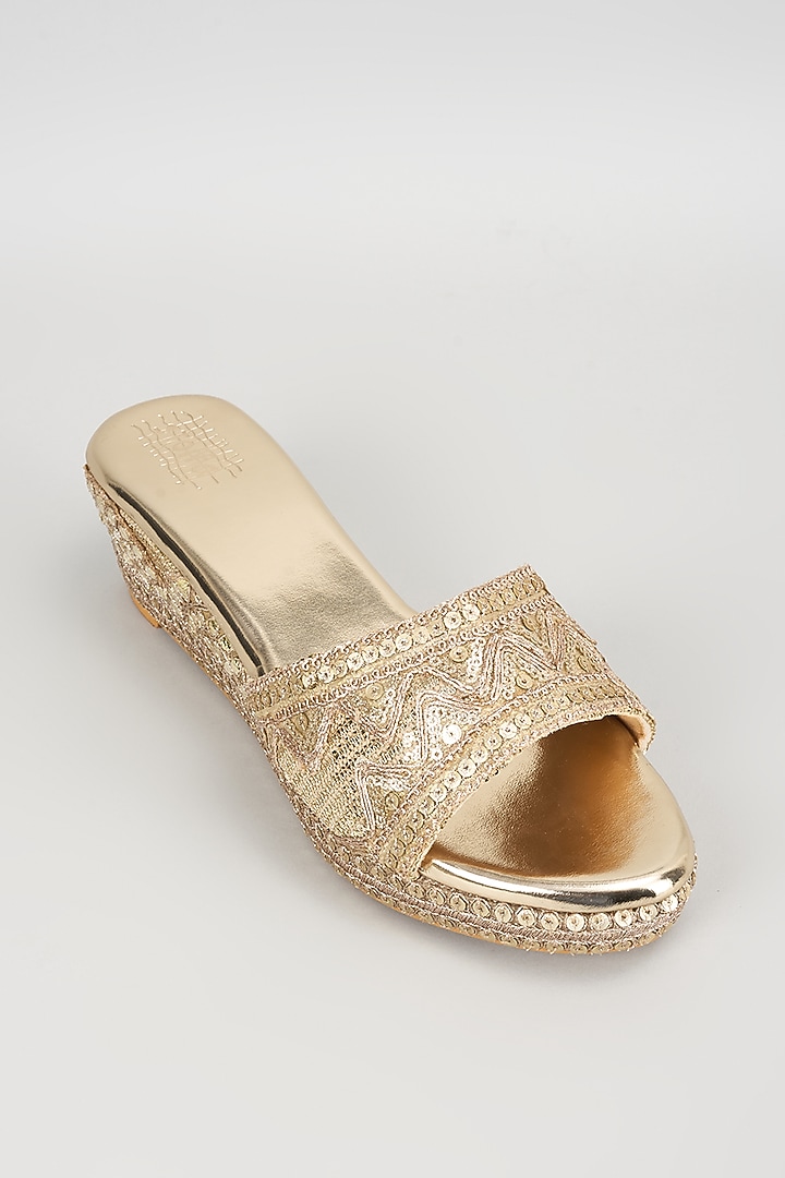 Light Gold Faux Leather Sequins Embroidered Wedges by stoffa bride at Pernia's Pop Up Shop
