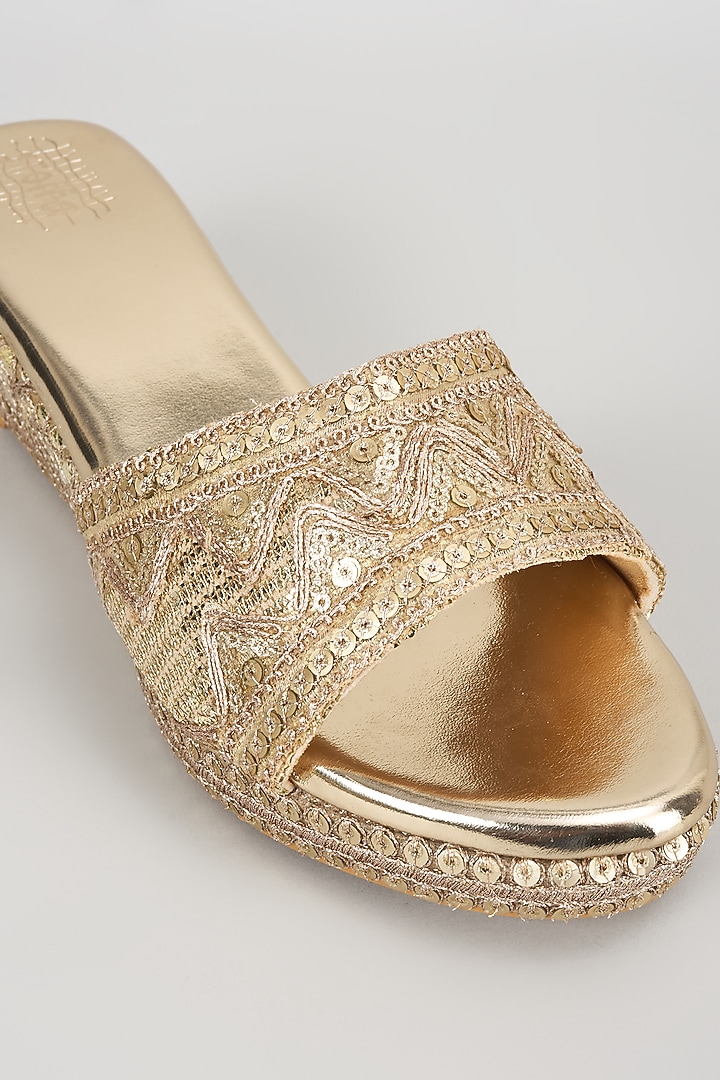 Light Gold Faux Leather Sequins Embroidered Wedges by stoffa bride at Pernia's Pop Up Shop