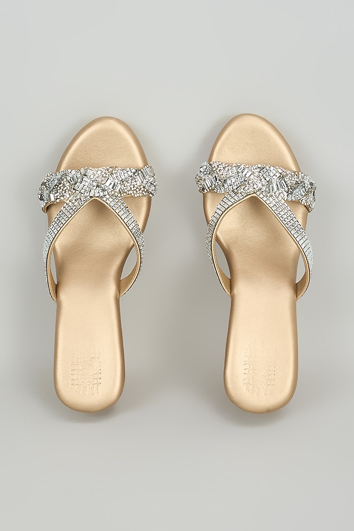 Champagne Faux Leather Crystal Embellished Wedges by Stoffa Bride at Pernia's Pop Up Shop