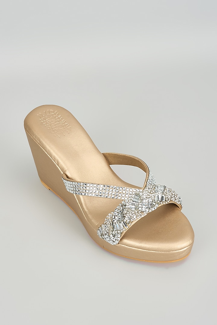 Champagne Faux Leather Crystal Embellished Wedges by Stoffa Bride at Pernia's Pop Up Shop